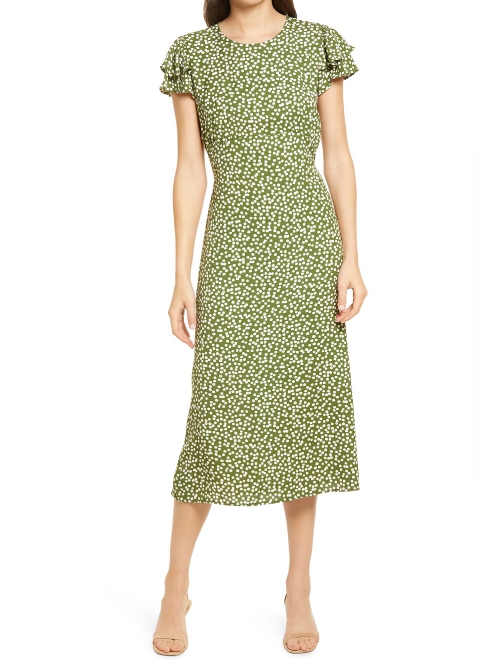 Reformation Romina Dress Green White Dot Flutter Sleeve Midi Dress Sz 12